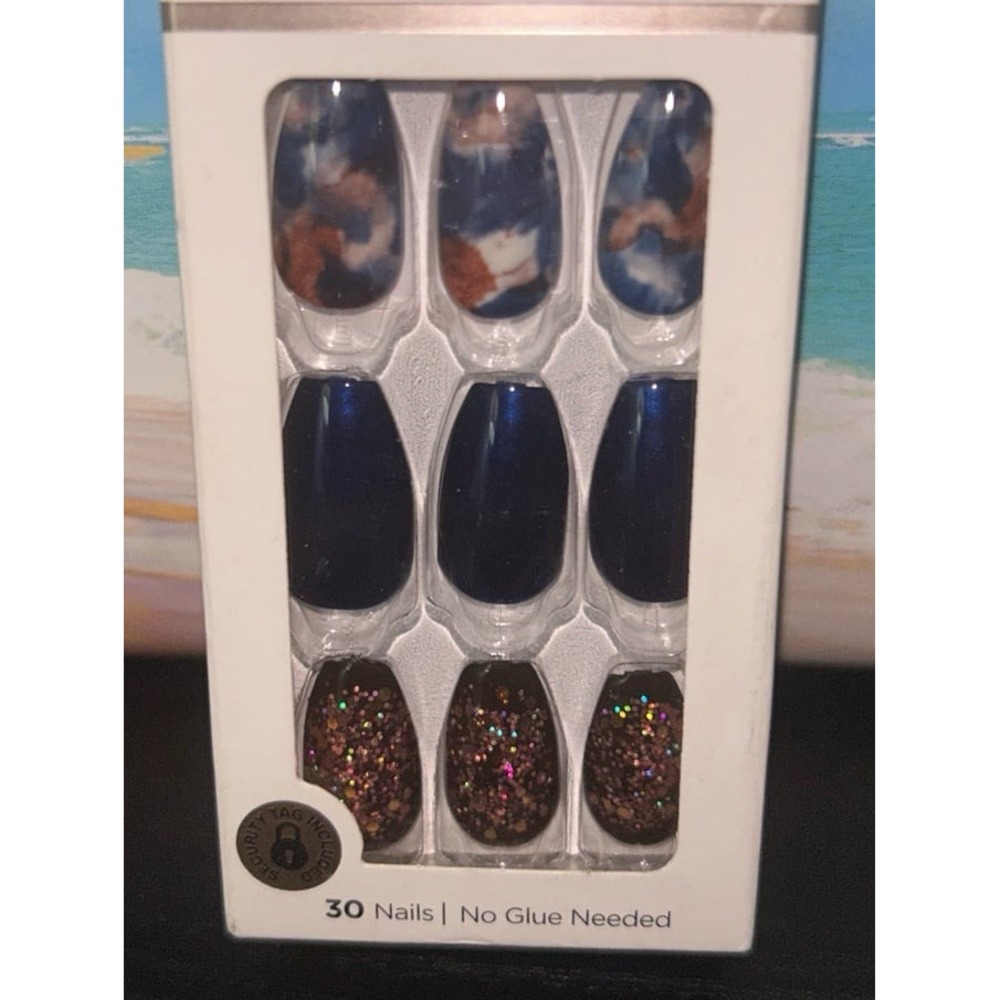 KISS ImPress Medium Length Blue & Glitter Press-on Nails  "Indigo Autumn"